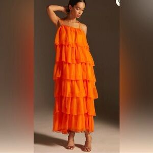 Payal Jain Women’s Size 6 Vibrant Orange Tiered Maxi Dress Chic Colorful Vibrant
